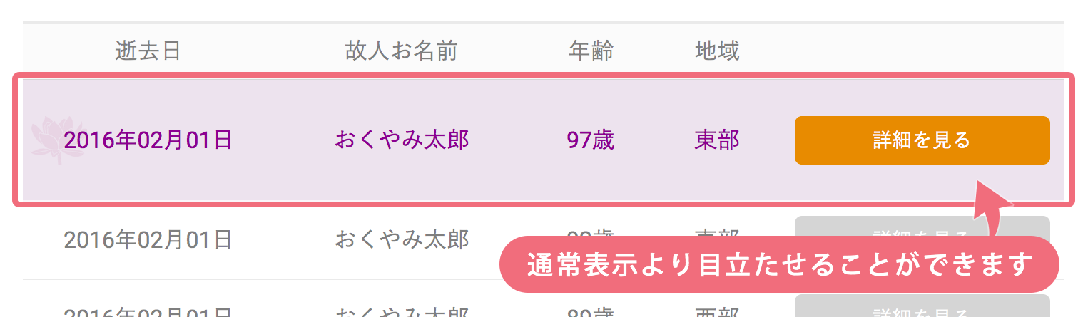 おくやみ情報の表示を葬儀終了まで優先的に上位に表示させるオプションのサンプルイメージ